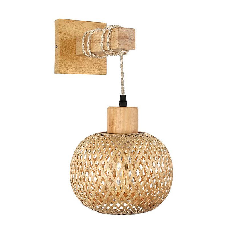 Close-up of rattan wall sconce showing handcrafted bamboo texture