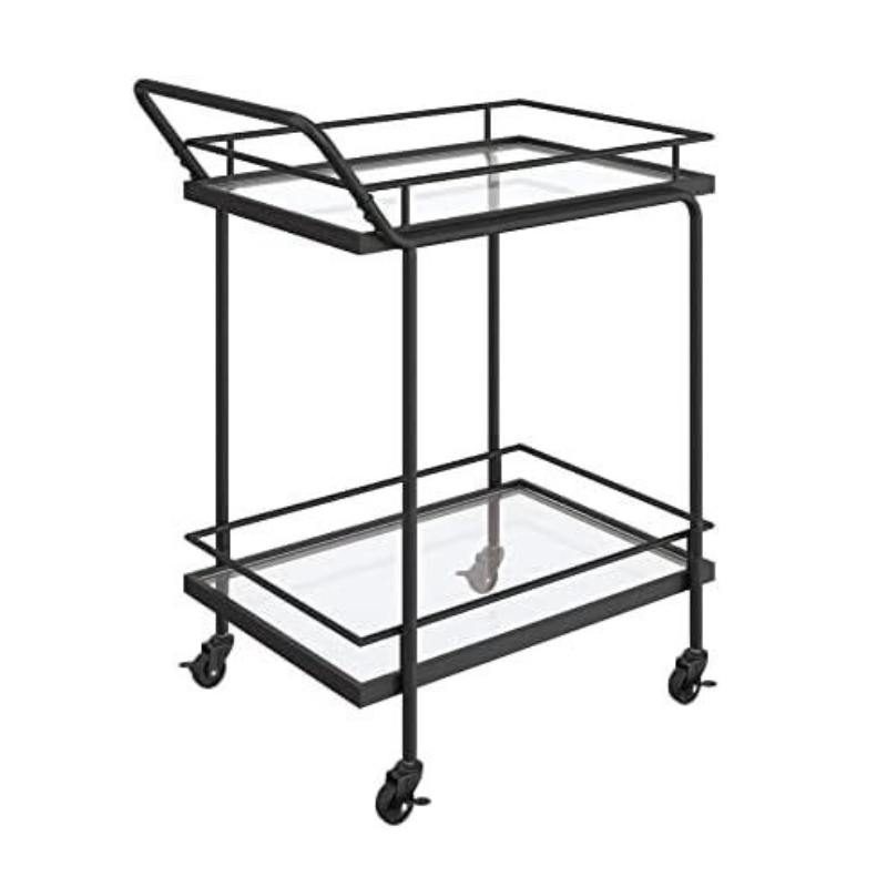 Close-up of the curved handle and wheels on the industrial bar cart