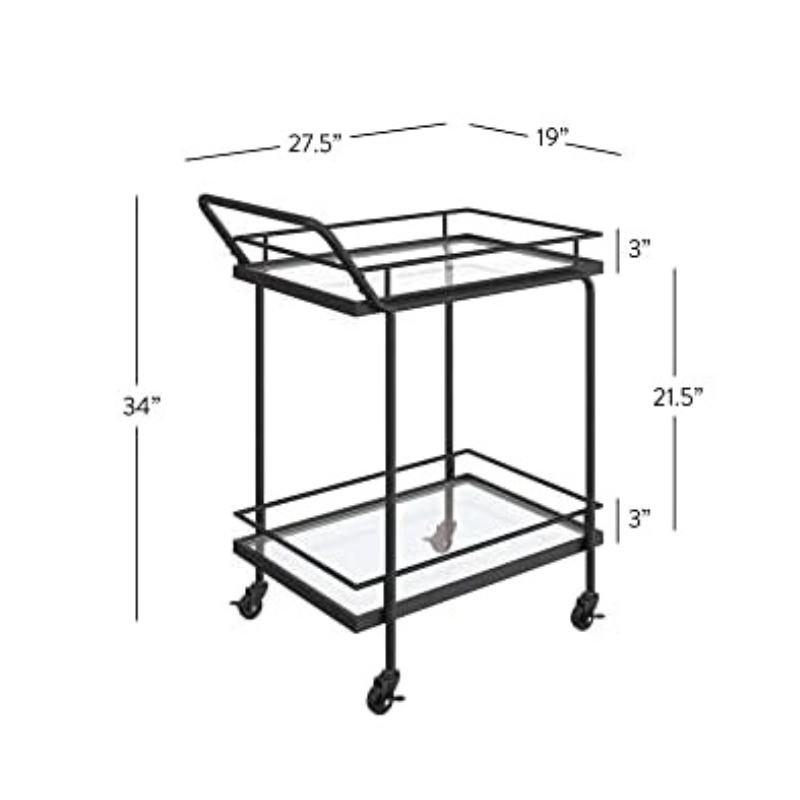 Full view of the black metal rolling bar cart with drinks and glassware