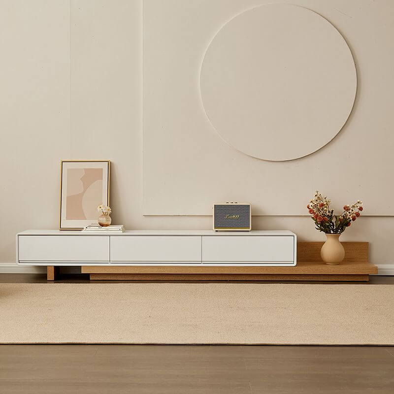Scandinavian extendable TV stand showcasing its natural wood finish and elegant design.