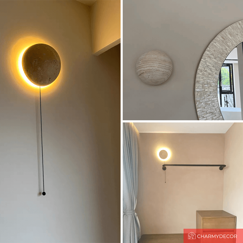 The modern design of the cave stone LED wall light illuminating a stylish hallway.