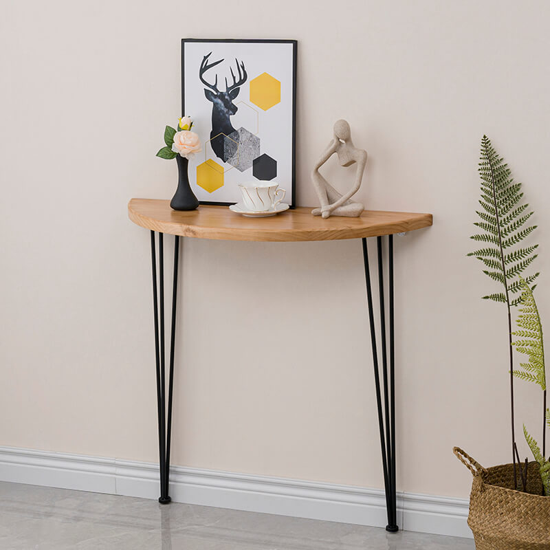 Front view of the modern semi circle console table showcasing hairpin legs.