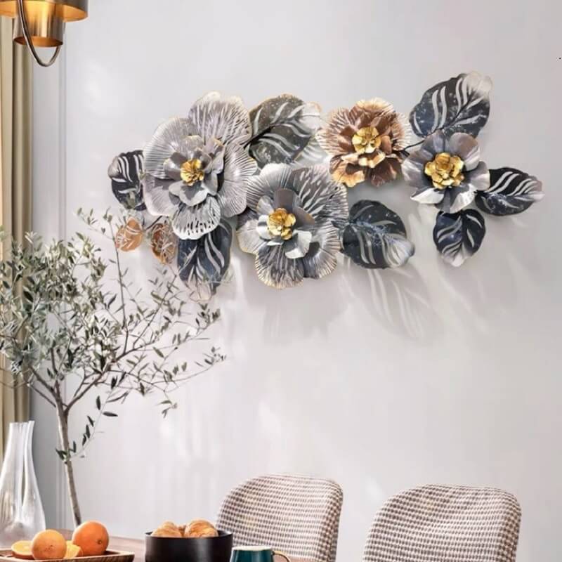 Elegant modern wrought iron wall art showcasing vibrant colors in a living room setting.
