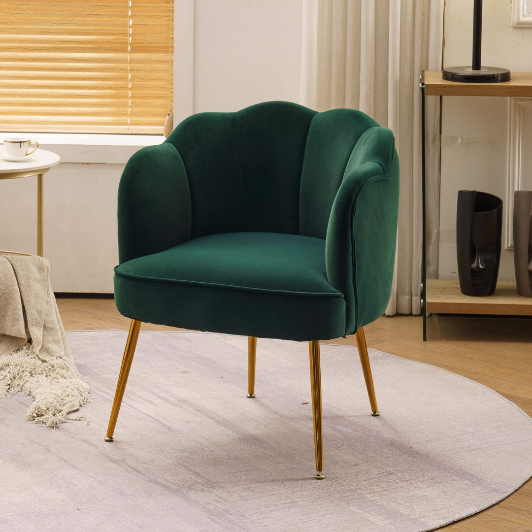 Cozy living room setup featuring the stylish dark green velvet chair.