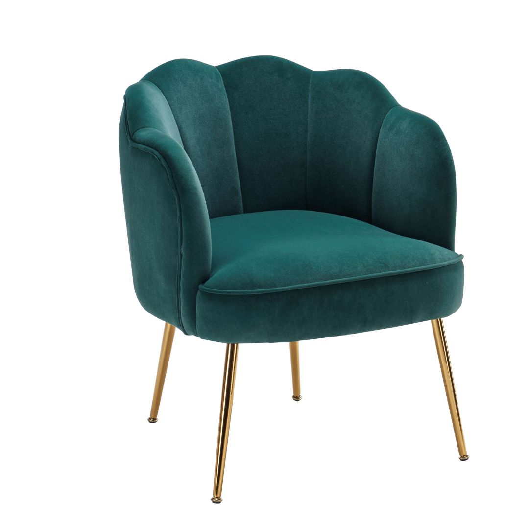 Close-up of the luxurious dark green velvet fabric and gold leg detail.