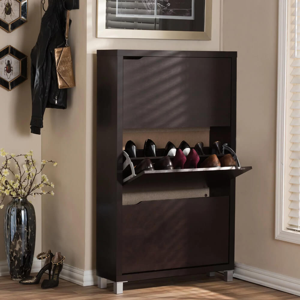 Front view of the narrow shoe rack in walnut finish with all 3 flip doors closed.