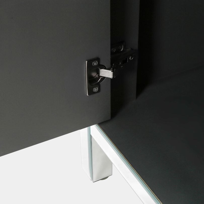 Side view of the stylish silver storage cabinet showcasing the mirror trim