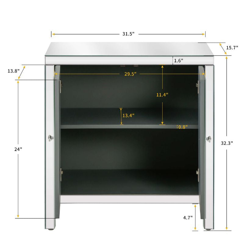 Front view of the elegant silver mirrored entryway cabinet highlighting its diamond shape design