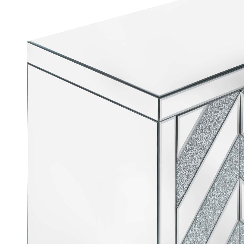 Elegant silver and grey entryway cabinet showcasing mirror trim and M shape design from the front.