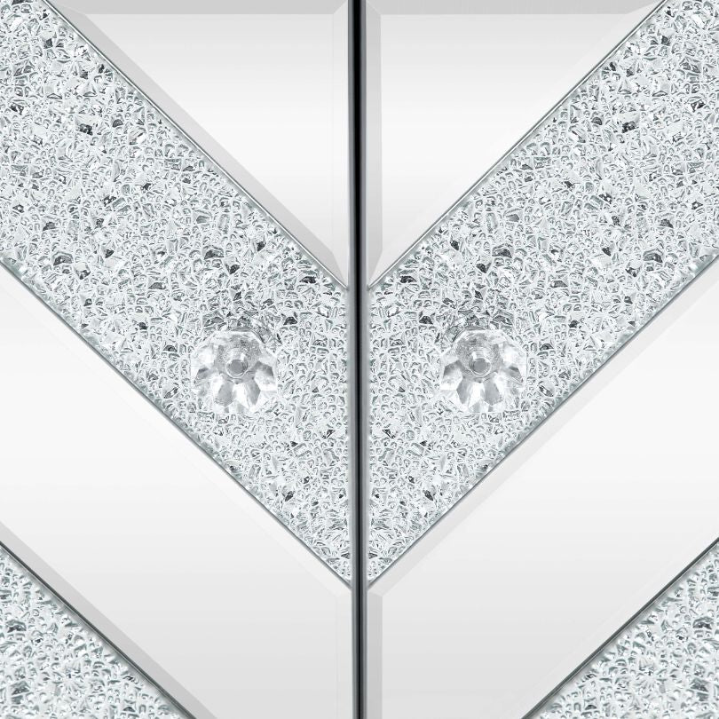 Elegant silver and grey entryway cabinet showcasing mirror trim and M shape design from the front.