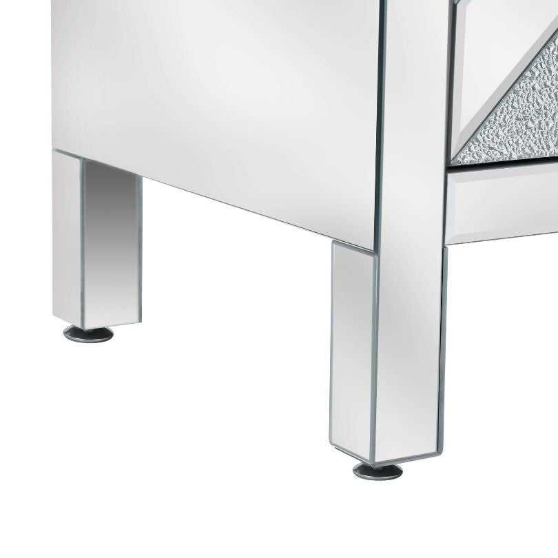 Close-up of silver and grey storage cabinet highlighting mirror detailing and sleek finish.
