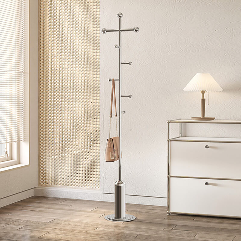 Sleek stainless steel coat rack with 8 hooks in a modern entryway