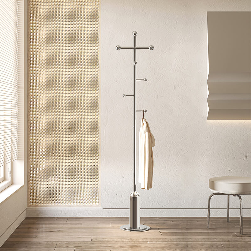Close-up of chrome finish on the stainless steel coat rack