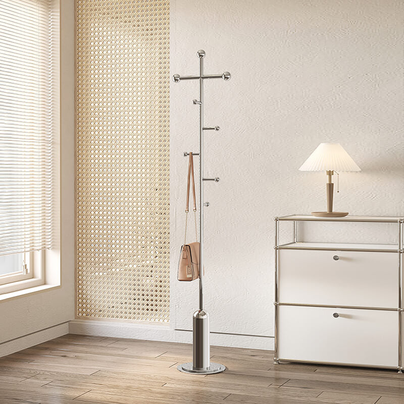 Stainless steel coat rack in a walk-in wardrobe displaying coats and scarves