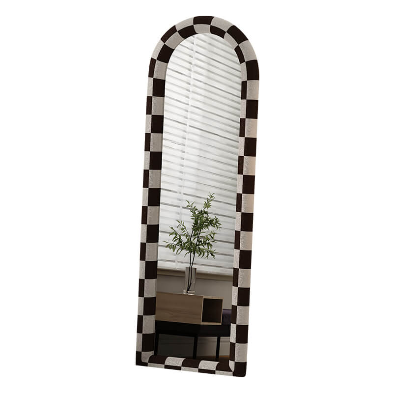 Front view of the sleek black and white floor mirror showcasing its minimalist design.