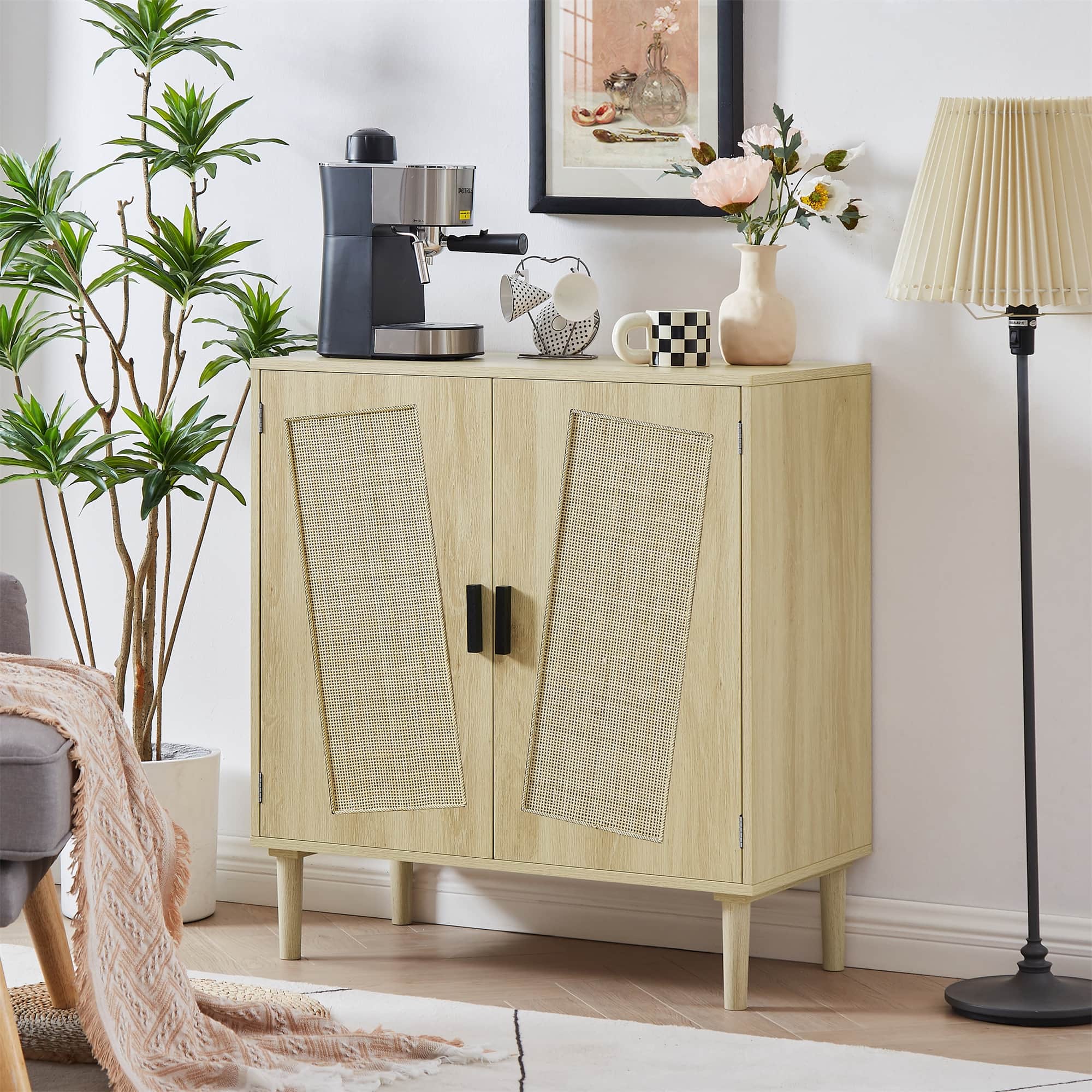 Front view of modern rattan-style kitchen sideboard cabinet showcasing its elegant design.