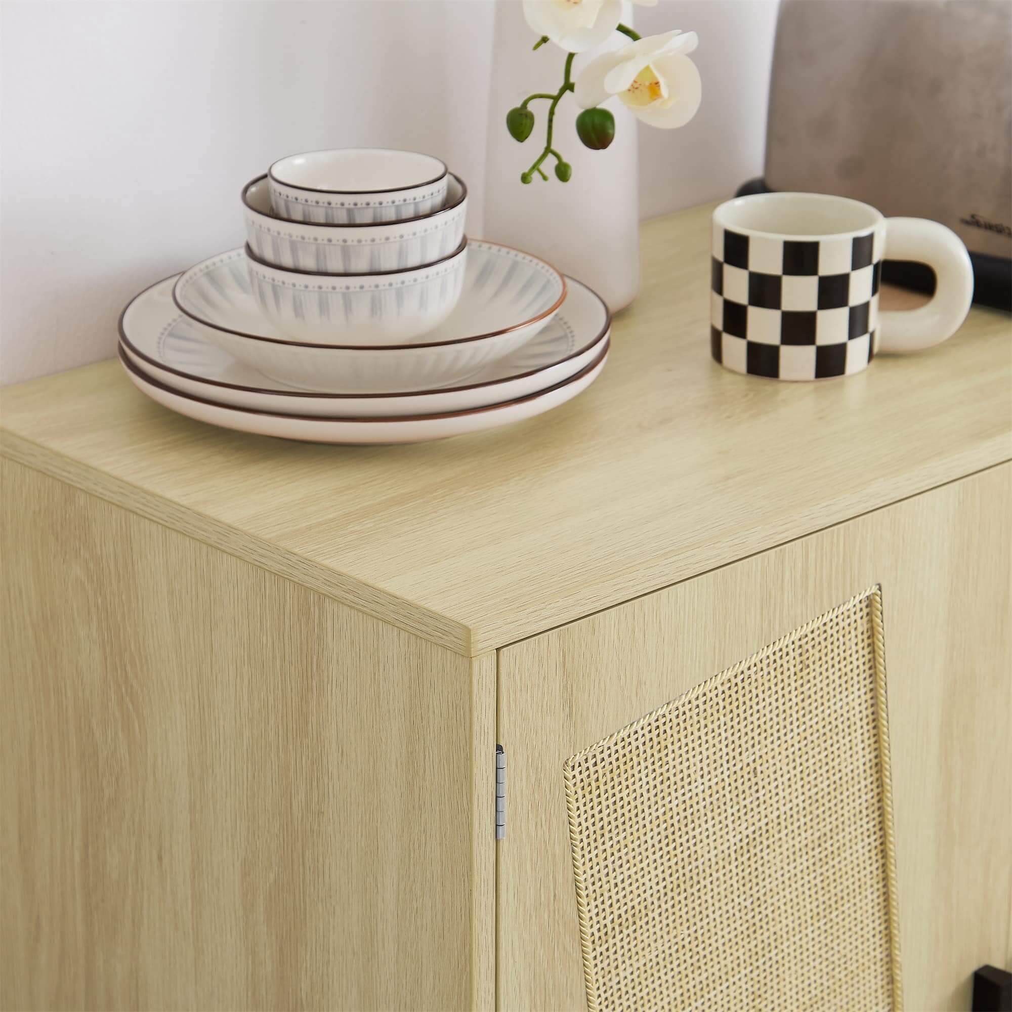 Side angle of the affordable sideboard cabinet with rattan doors, highlighting its ample storage space.