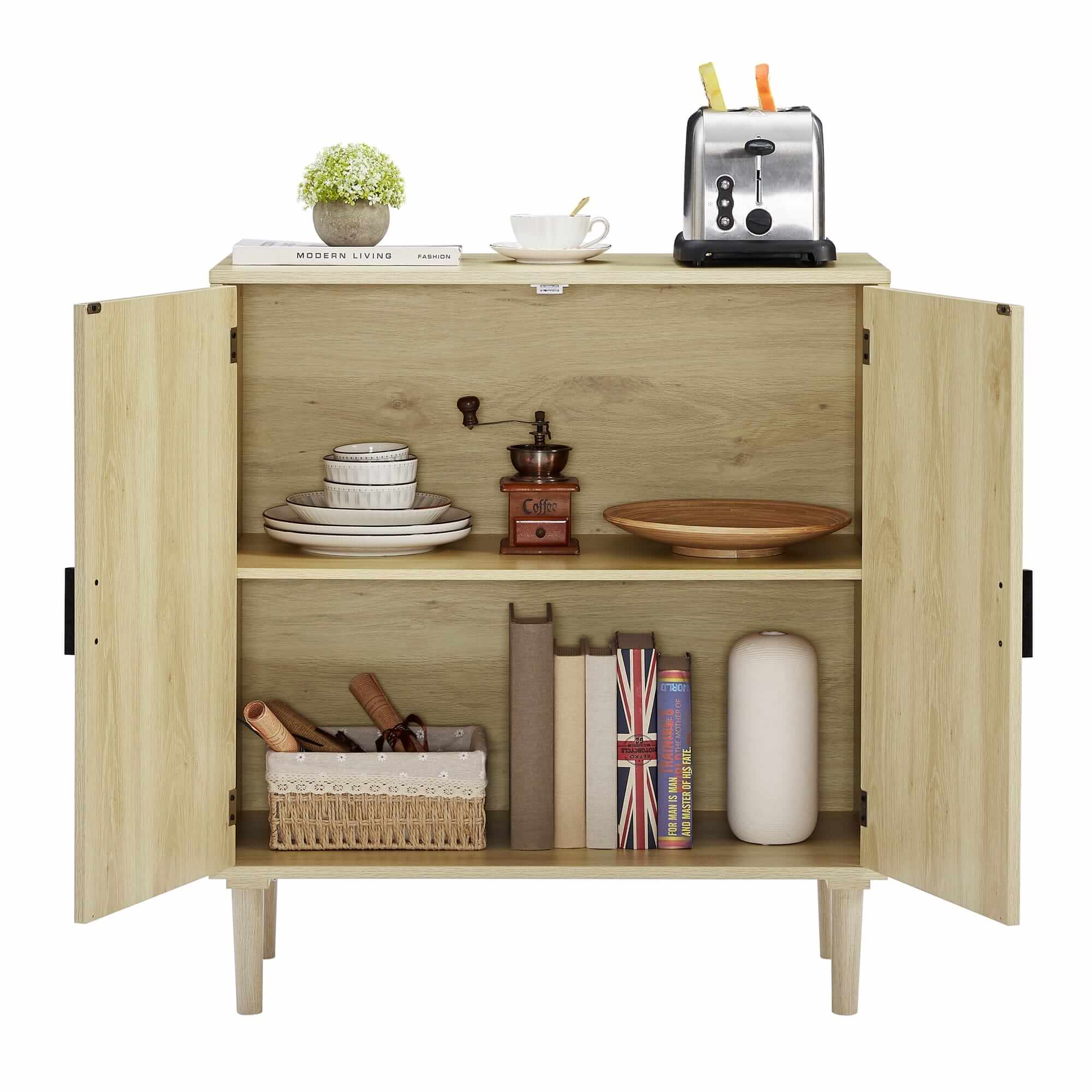 Interior view of the kitchen sideboard cabinets shelves, perfect for organizing kitchen essentials.