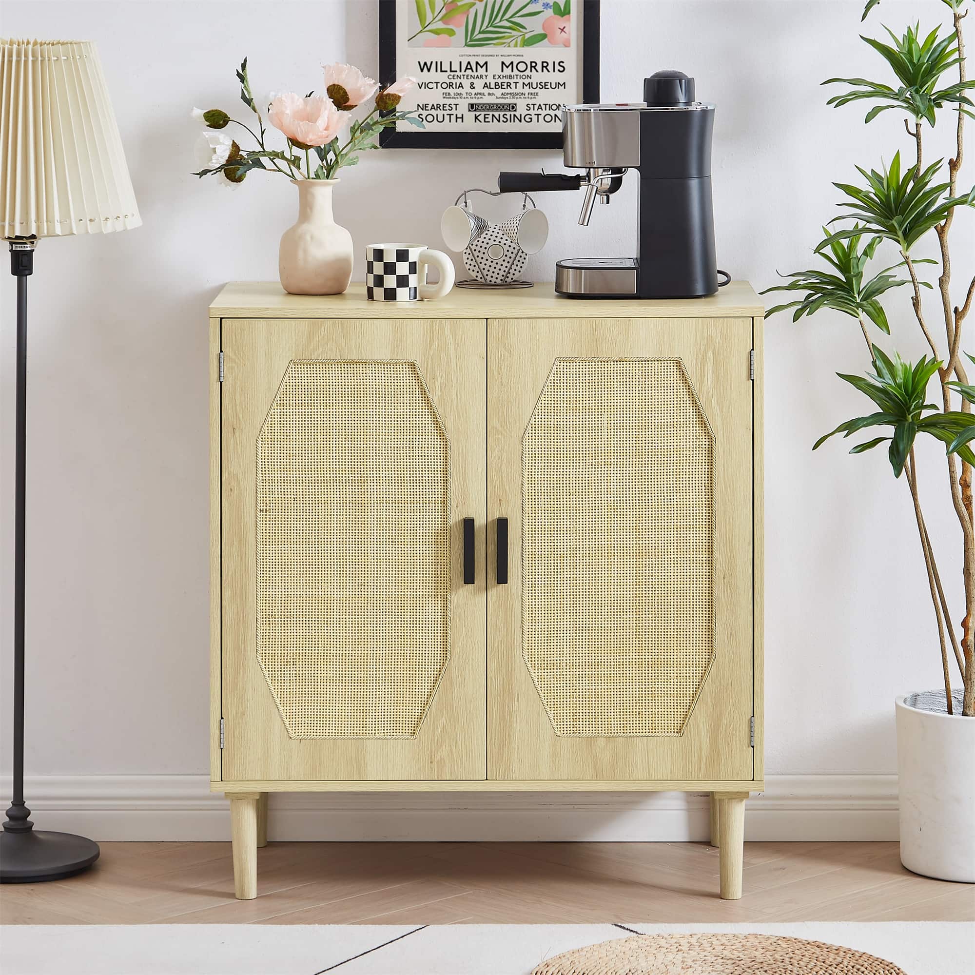 Side angle of the affordable sideboard cabinet with rattan doors, highlighting its ample storage space.
