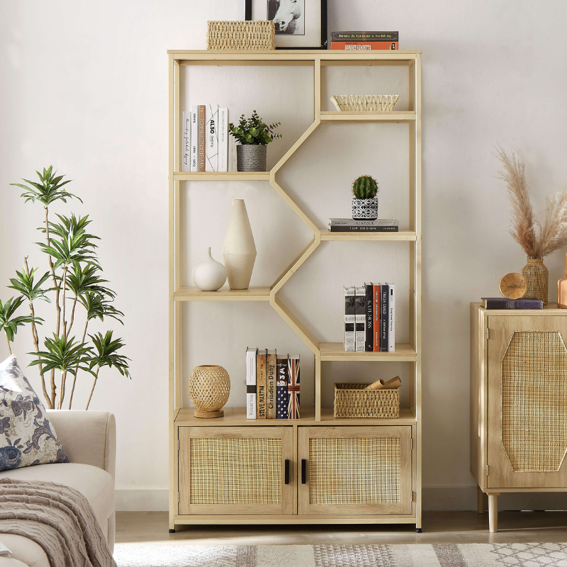 Elegant 7-tier rattan bookshelf showcasing books and decor in a stylish living room setting.