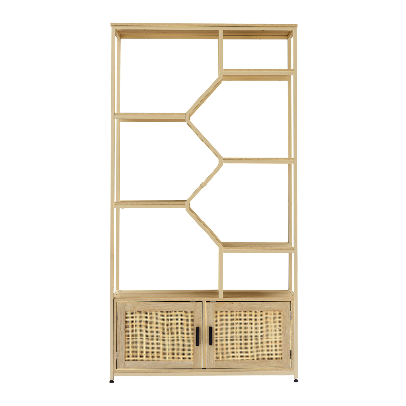 Close-up of the rattan storage cabinet, emphasizing the natural texture and adjustable shelves.