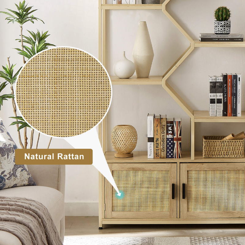 Close-up of the rattan storage cabinet, emphasizing the natural texture and adjustable shelves.