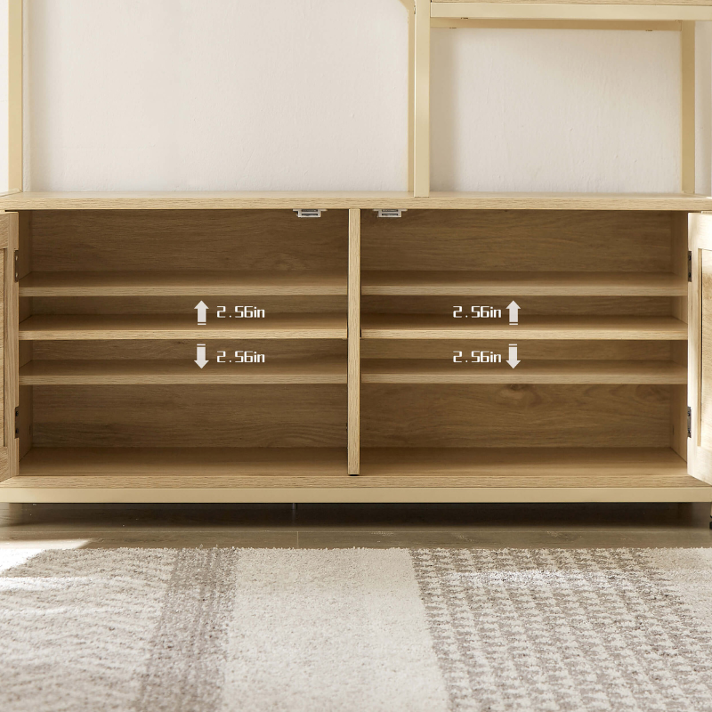 Elegant 7-tier rattan bookshelf showcasing books and decor in a stylish living room setting.