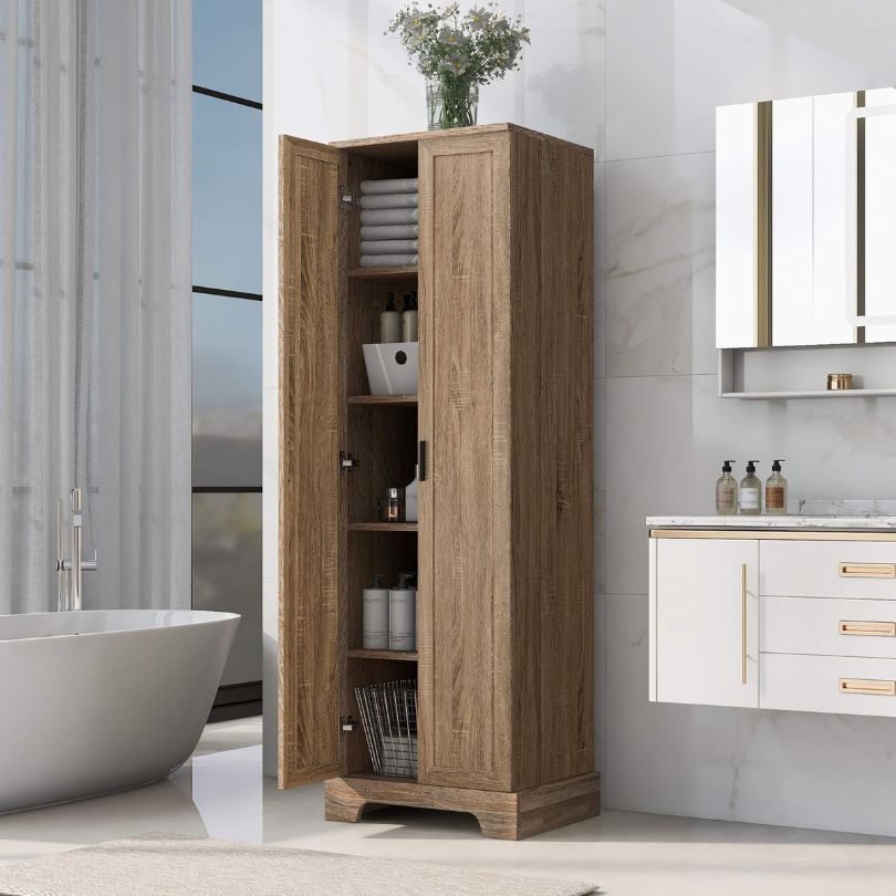 Modern brown storage cabinet in a bathroom setting, featuring organized shelves and stylish design.