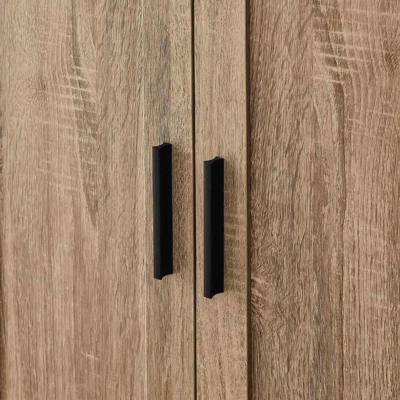 Elegant tall bathroom cabinet showcasing adjustable shelves and two doors from a side angle.