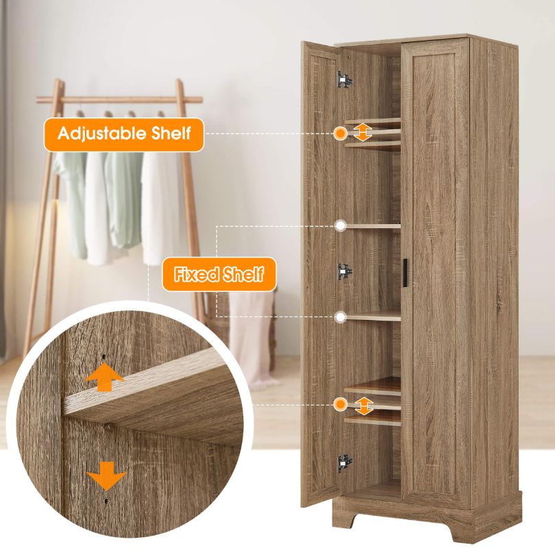 Close-up view of the cabinets adjustable shelves, highlighting its versatile storage options.