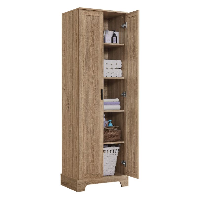 Close-up view of the cabinets adjustable shelves, highlighting its versatile storage options.
