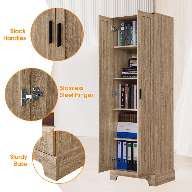 Elegant tall bathroom cabinet showcasing adjustable shelves and two doors from a side angle.