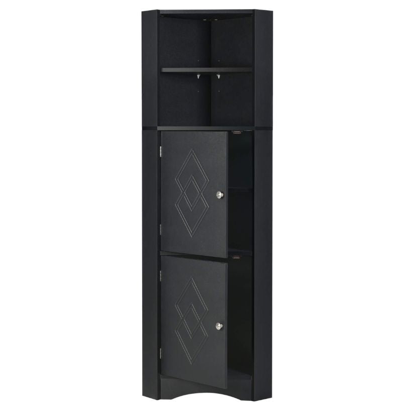 Modern black corner cabinet with doors, ideal for home or office use.