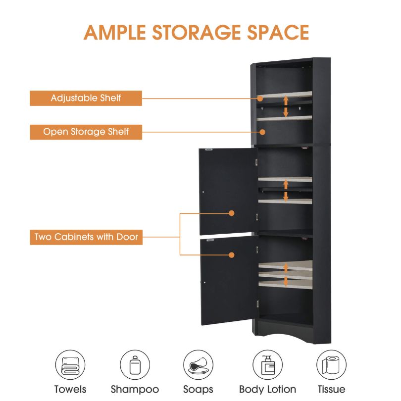 Elegant tall corner black cabinet showcasing its sleek design and spacious interior.