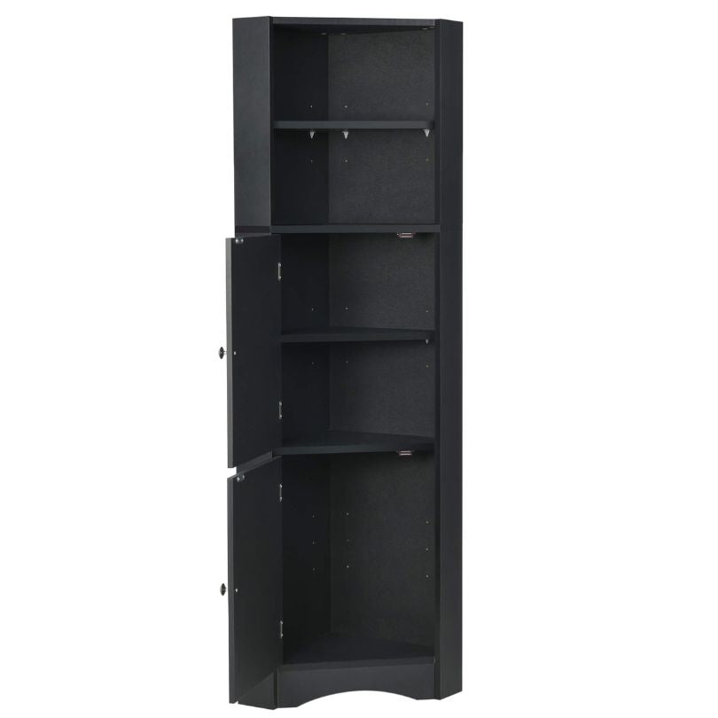 Stylish tall black cabinet in a corner setting, emphasizing its elegant structure.