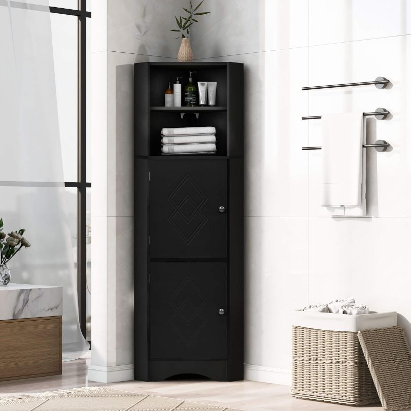 Elegant tall corner black cabinet showcasing its sleek design and spacious interior.