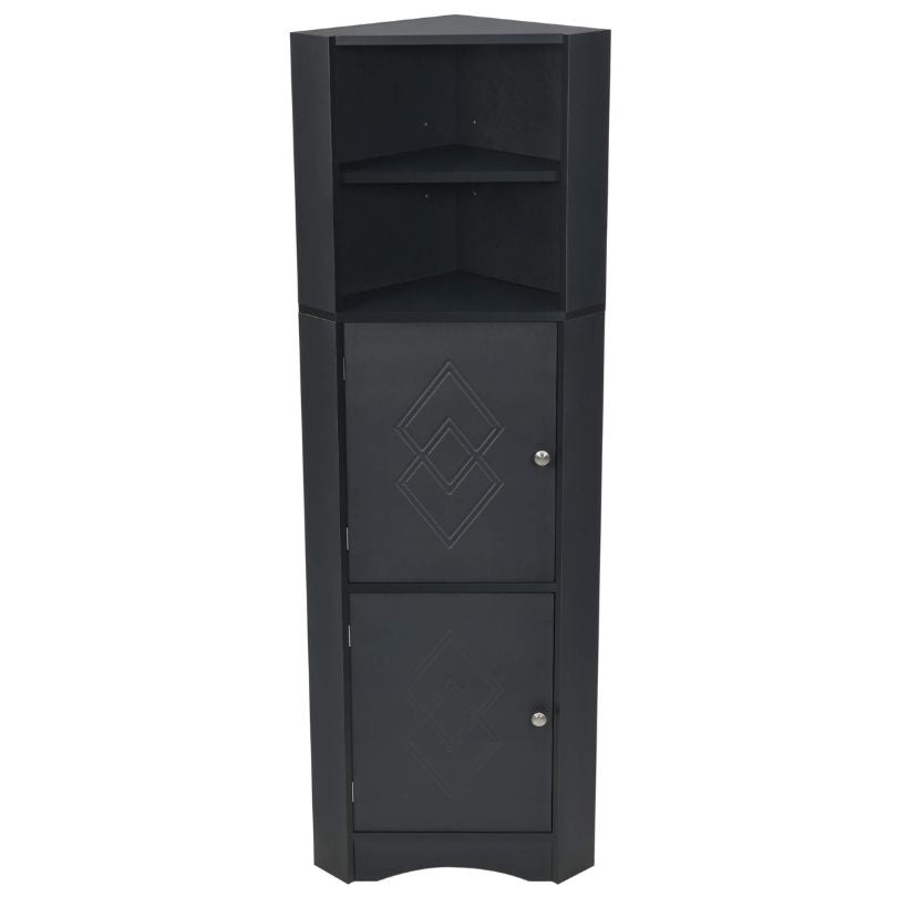 Elegant tall corner black cabinet showcasing its sleek design and spacious interior.