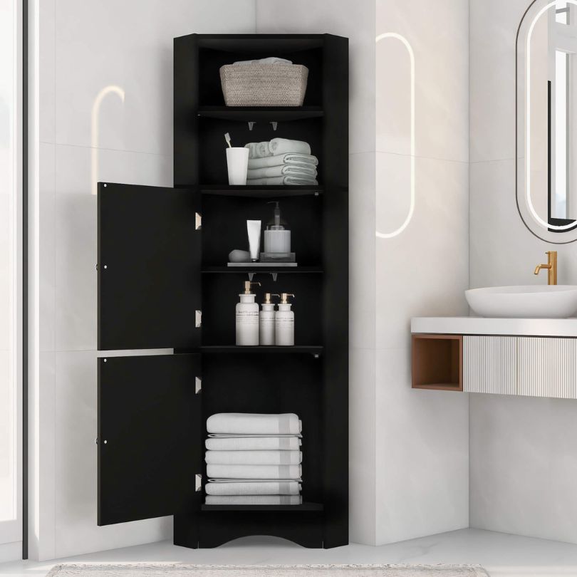 Modern black corner cabinet with doors, ideal for home or office use.