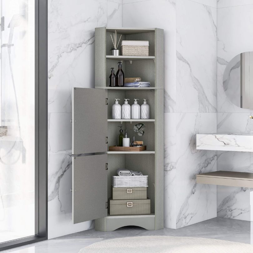 Modern Gray Freestanding Corner Storage Cabinet with Two Doors - Image 2