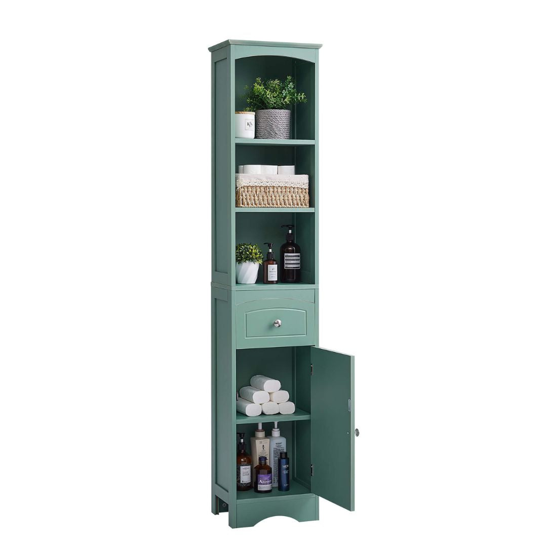 Tall green storage cabinet showcasing its elegant design and spacious drawer, perfect for home organization.