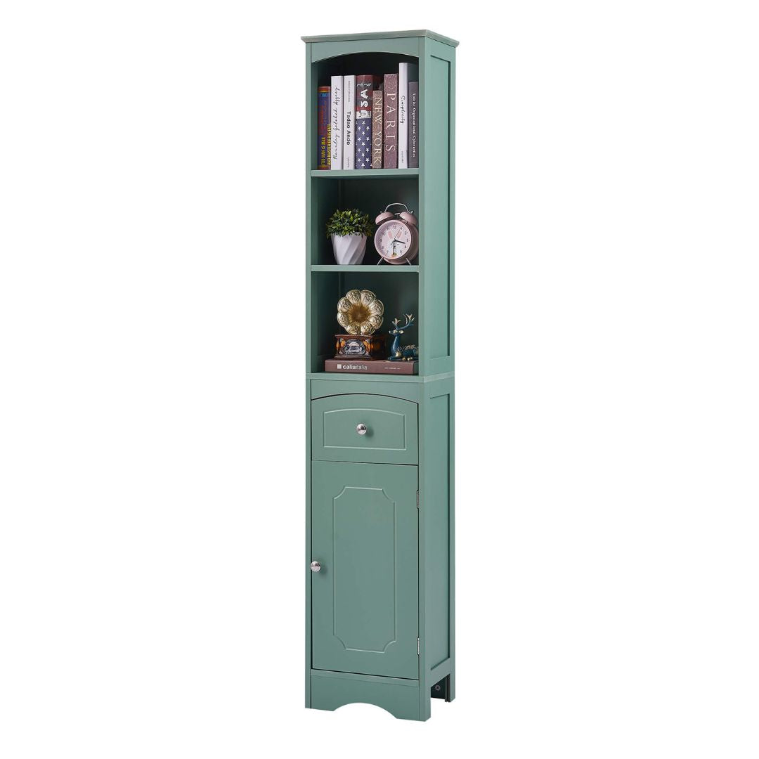 Modern tall storage cabinet with drawer, emphasizing its stylish green color and versatile storage options.