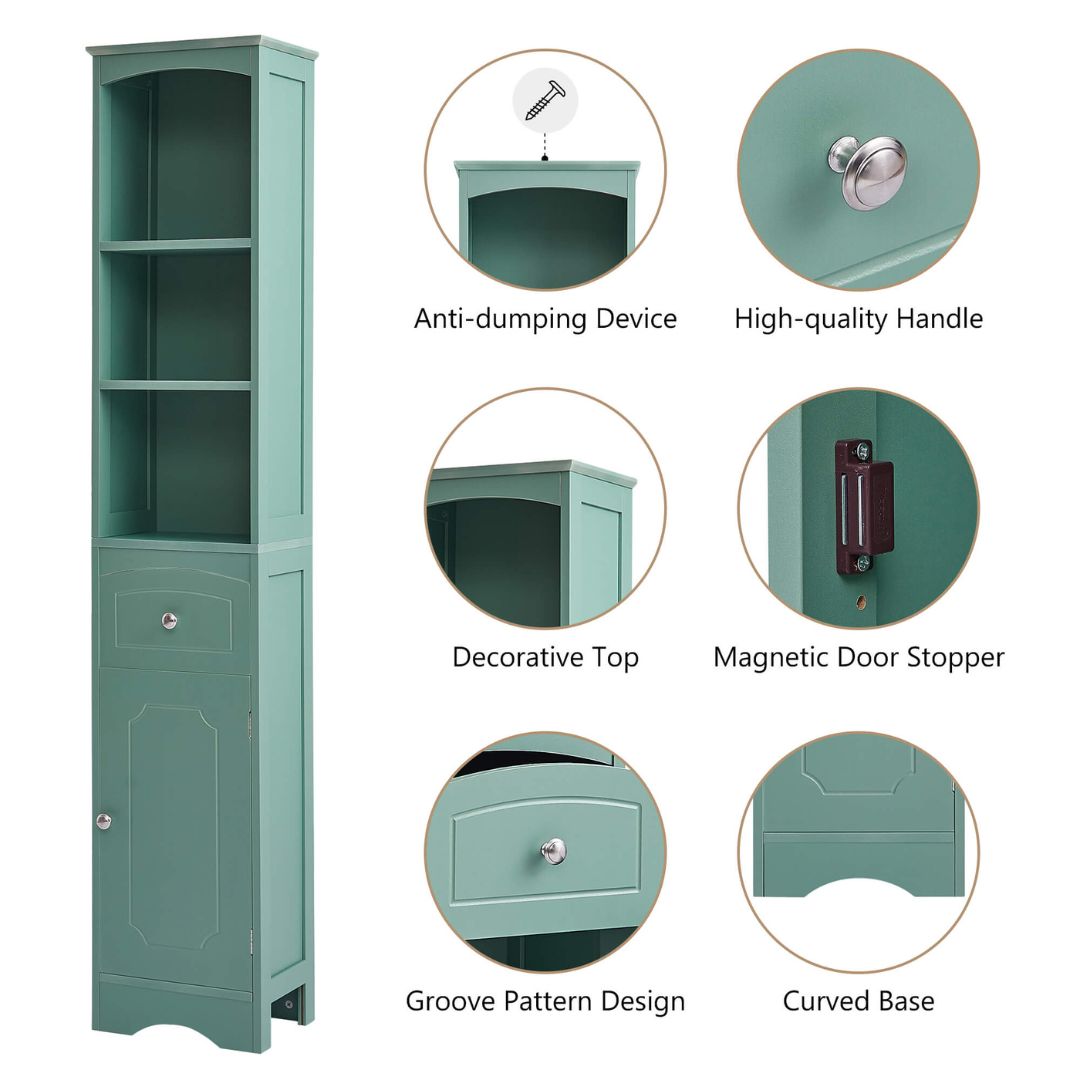Freestanding tall green storage cabinet positioned in a cozy corner, demonstrating its space-saving capabilities.