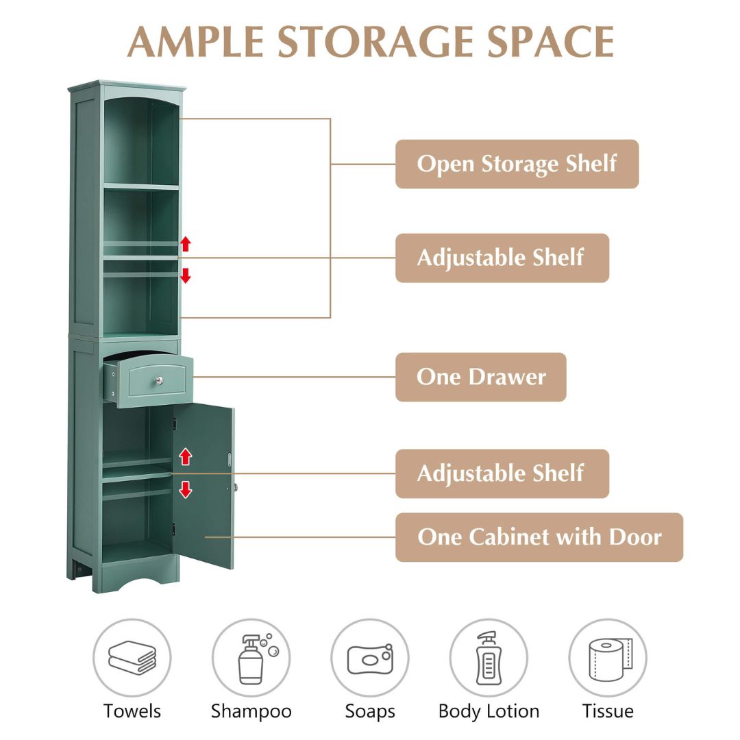 Tall green storage cabinet showcasing its elegant design and spacious drawer, perfect for home organization.