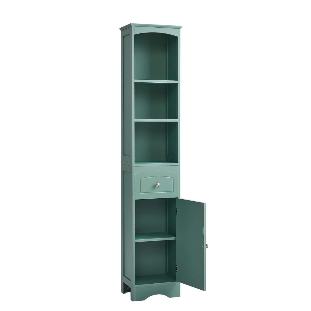 Modern tall storage cabinet with drawer, emphasizing its stylish green color and versatile storage options.