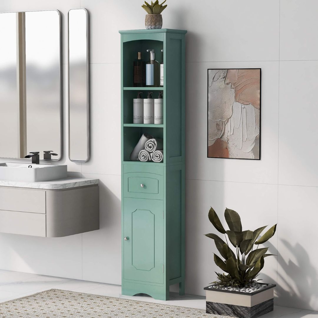 Tall green storage cabinet showcasing its elegant design and spacious drawer, perfect for home organization.