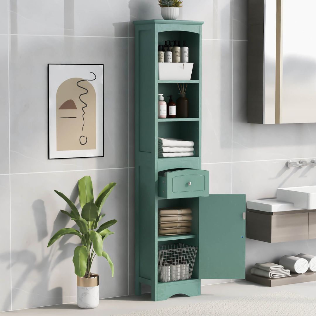 Freestanding tall green storage cabinet positioned in a cozy corner, demonstrating its space-saving capabilities.
