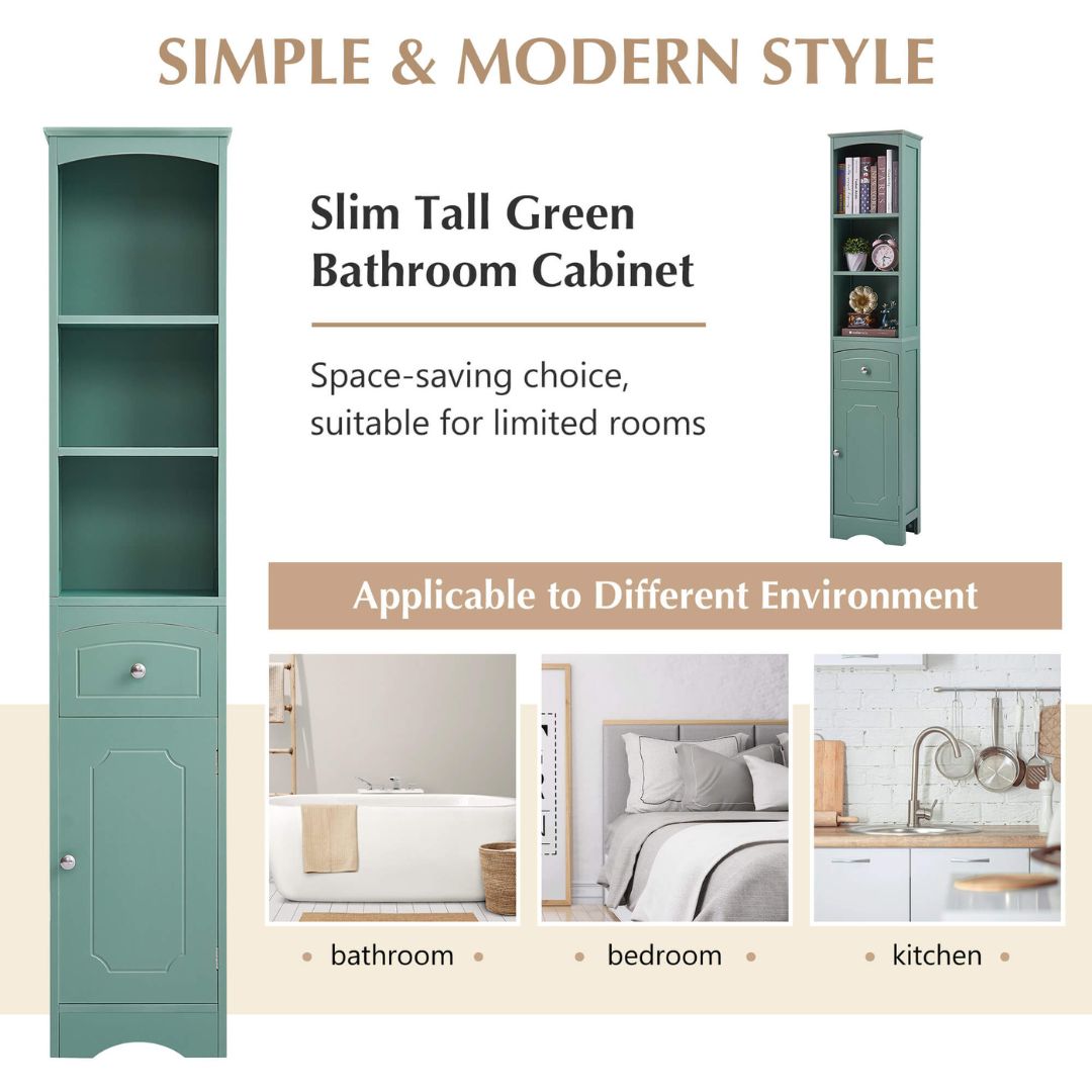 Modern tall storage cabinet with drawer, emphasizing its stylish green color and versatile storage options.