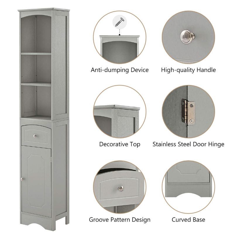 Elegant tall grey freestanding storage cabinet showcasing adjustable shelves and drawer from a side angle.