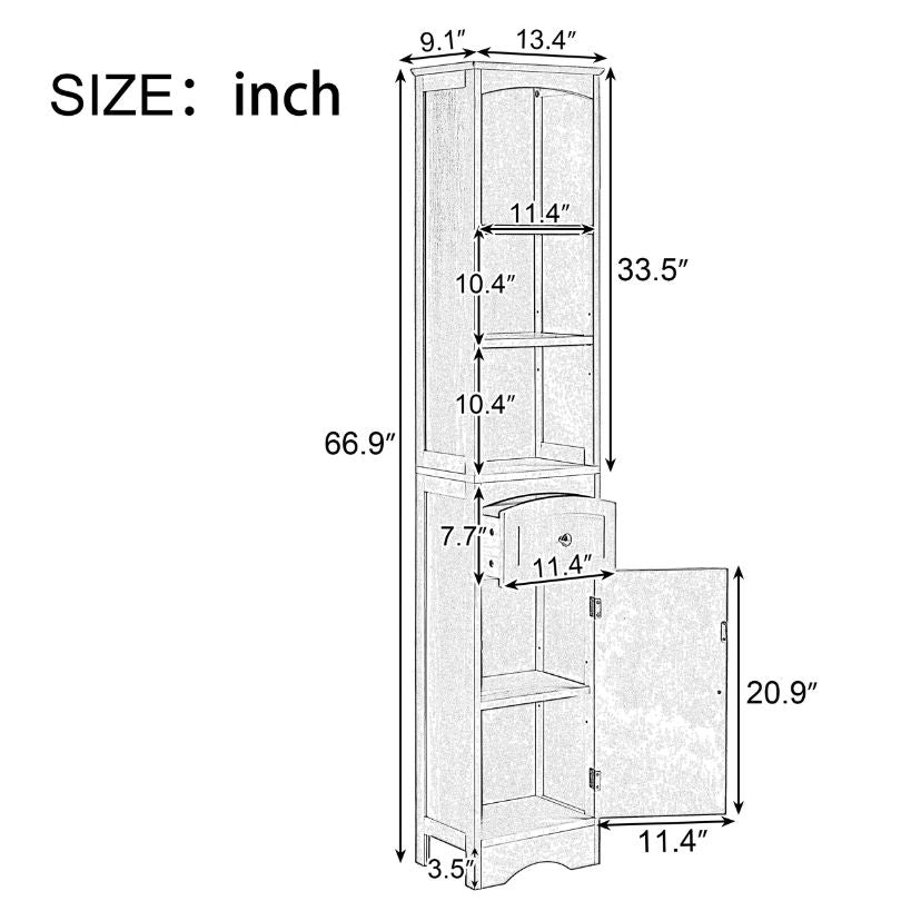 Elegant tall grey freestanding storage cabinet showcasing adjustable shelves and drawer from a side angle.