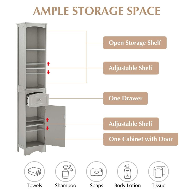 Front view of the tall grey cabinet with drawer, styled in a contemporary living room setting.